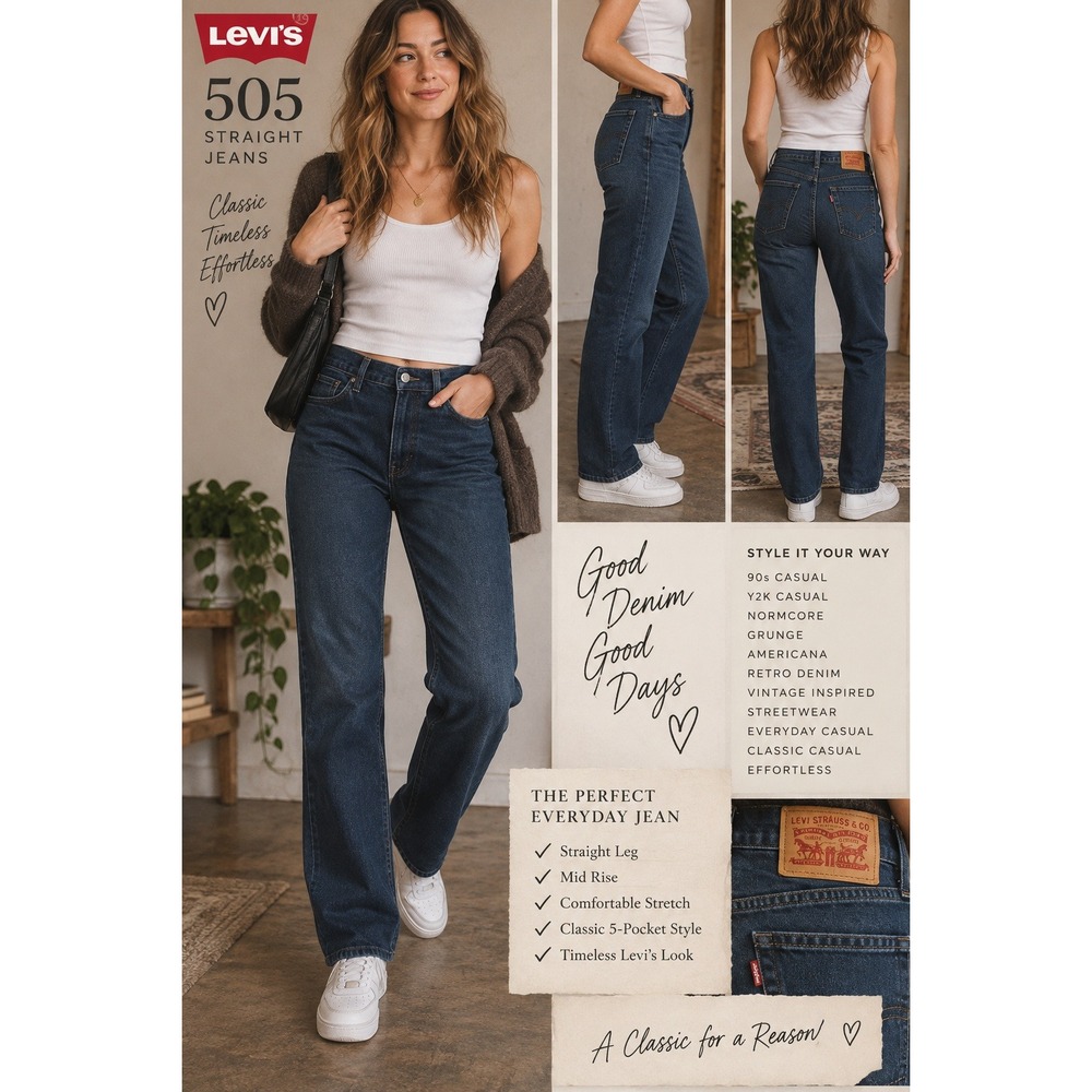 Levi's Women's 505 Straight Stretch Jeans Dark Wash Denim W32 L34 Sz 14 Classic